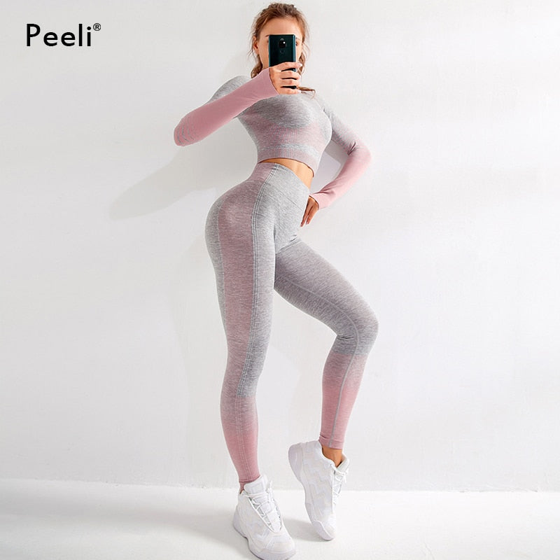 Peeli Long Sleeve Gym Set Cropped Top Seamless Leggings Yoga Set Workout Clothes Women Sport Suit Sportswear Running Tracksuit