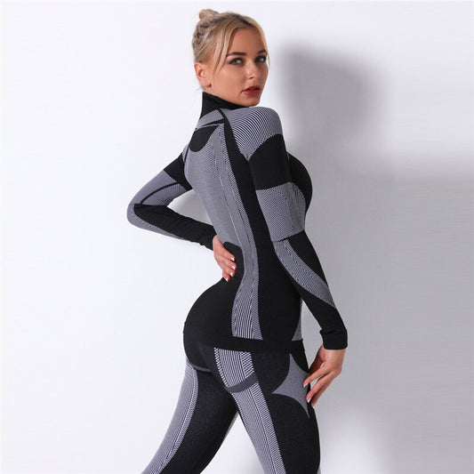 2pcs/set Women Sports Suit Yoga Set Gym Turtleneck Clothes Long Sleeve Fitness Crop Top + Striped Knitted Seamless Leggings New