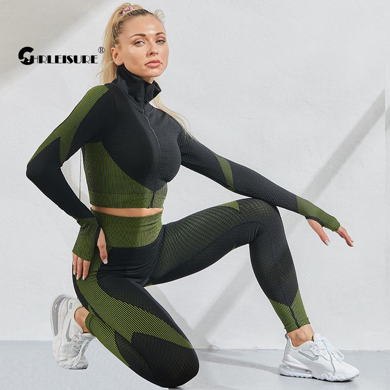 CHRLEISURE 2/3PCS Sports Set Women Seamless Sports Suits Push Up Gym Legging Fitness Tank Zipper Long Sleeve Workout Yoga Pants