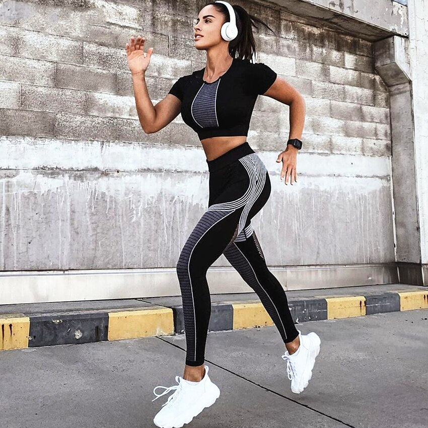 Seamless Sport Set Women Female Black Two 2 Piece Crop Top High Waist Leggings Sportsuit Workout Outfit Fitness Gym Yoga Sets