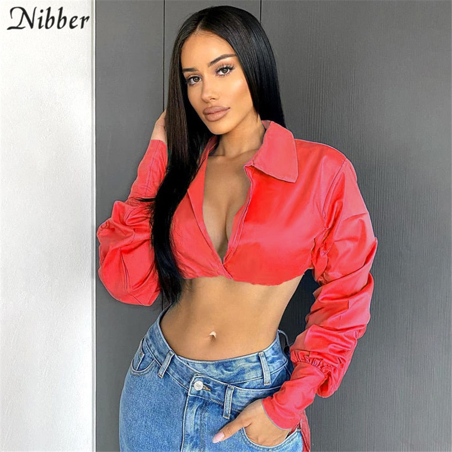 Nibber Basic Puff Sleeve Crop Tops  Women&#39;s Clothing Sexy Deep V-neck  Tee Shirt Trend Clubwear Street Casual T shirts Female