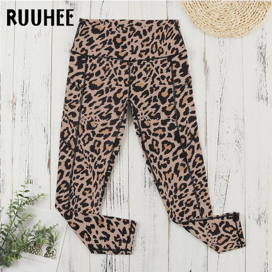 RUUHEE Tight Leggings Leopard Sports Women Fitness With Pocket Yoga Pants Stretch Workout Leggings Patchwork Slim Gym Leggings