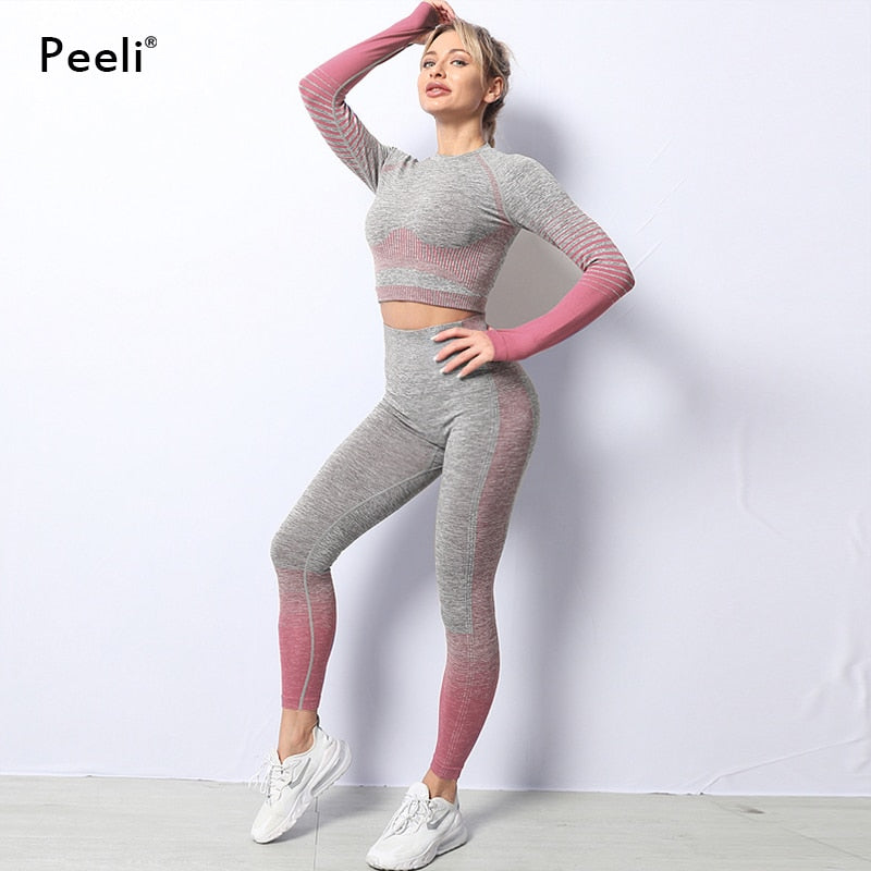 Peeli Long Sleeve Gym Set Cropped Top Seamless Leggings Yoga Set Workout Clothes Women Sport Suit Sportswear Running Tracksuit