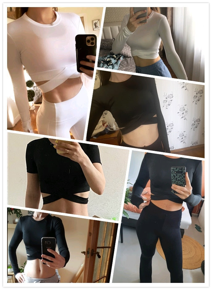 Crop Tops Women Yoga T-shirts Solid Sports Top Long Sleeve Running Shirts Sexy Exposed Navel Quick Dry Fitness Gym Sport Wear