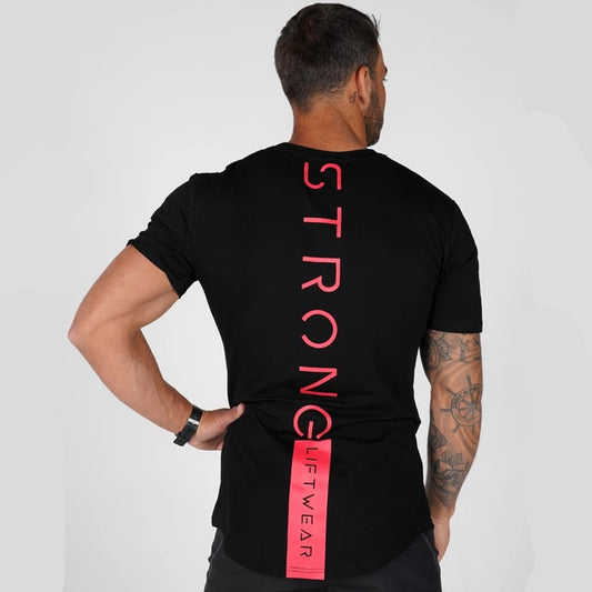 Black Casual T-shirt Men Print Short sleeve t shirt Summer Gyms Fitness Workout Cotton Tee shirt Male Brand Tees Tops Clothes