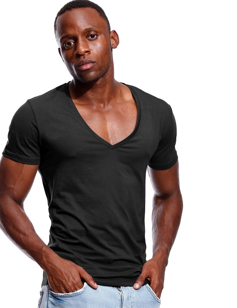 Deep V Neck T Shirt for Men Low Cut Vneck Wide Vee Tee Male Tshirt Invisible Undershirt Model Scoop Hem Slim Fit Short Sleeve