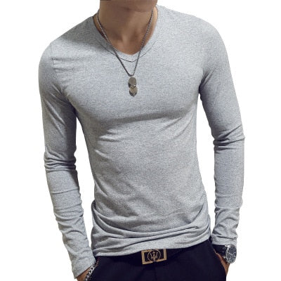 V Neck Mens T Shirts Plain Long Sleeve T Shirt Men Slim Fit Undershirt Armor Summer Casual Tee Tops Underwear Tshirt White Black