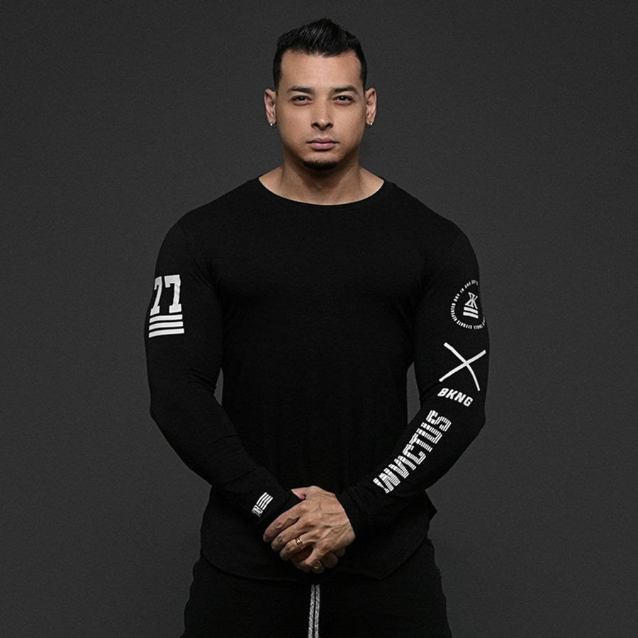 Men Skinny Long sleeve Shirts Spring 2019 Casual Fashion Printed T-Shirt Male Gyms Fitness Black Tee shirt Tops Brand Clothing