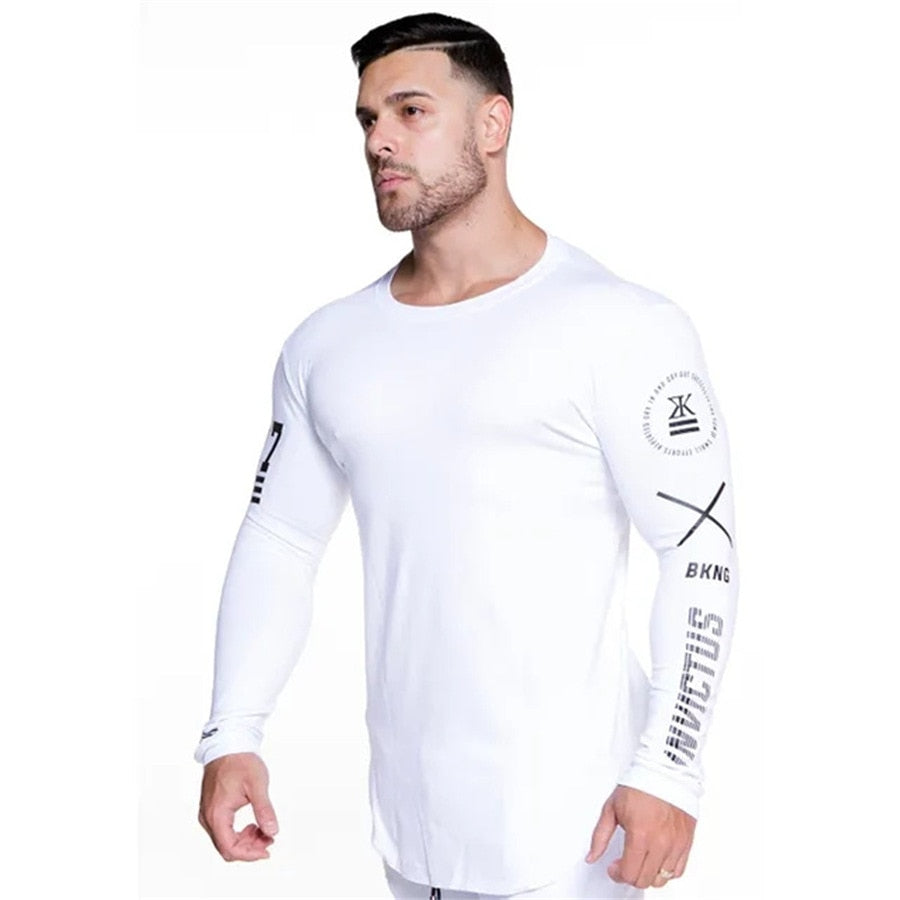 Men Skinny Long sleeve Shirts Spring 2019 Casual Fashion Printed T-Shirt Male Gyms Fitness Black Tee shirt Tops Brand Clothing