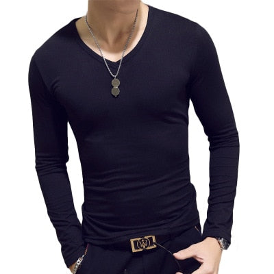 V Neck Mens T Shirts Plain Long Sleeve T Shirt Men Slim Fit Undershirt Armor Summer Casual Tee Tops Underwear Tshirt White Black