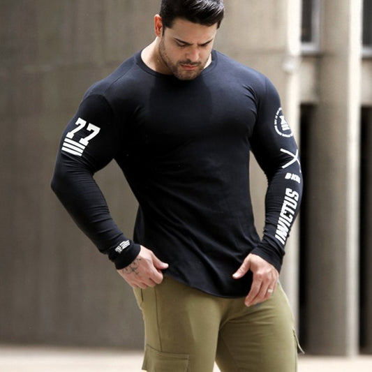 Men Skinny Long sleeve Shirts Spring 2019 Casual Fashion Printed T-Shirt Male Gyms Fitness Black Tee shirt Tops Brand Clothing