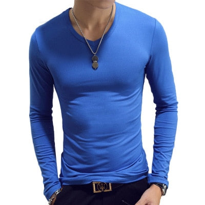 V Neck Mens T Shirts Plain Long Sleeve T Shirt Men Slim Fit Undershirt Armor Summer Casual Tee Tops Underwear Tshirt White Black