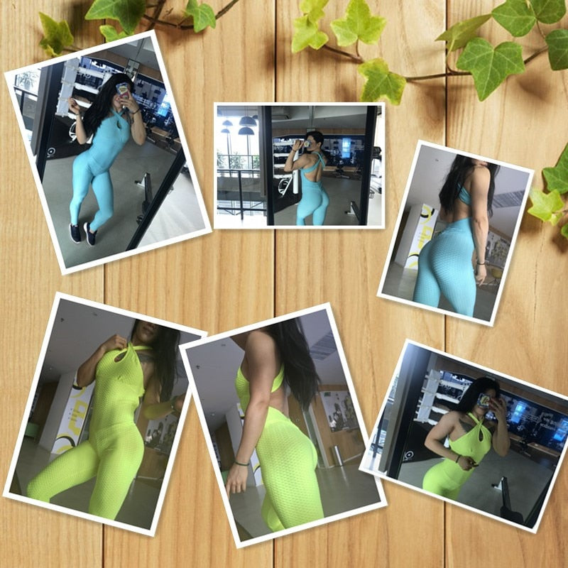 New Fitness Women Yoga Set Gym Running Sports Suit Black Backless Bandage Jumpsuit Sleeveless Gym Clothing Dance Workout Clothes