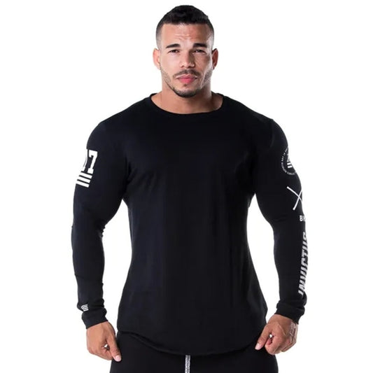 Men Skinny Long sleeve Shirts Spring 2019 Casual Fashion Printed T-Shirt Male Gyms Fitness Black Tee shirt Tops Brand Clothing