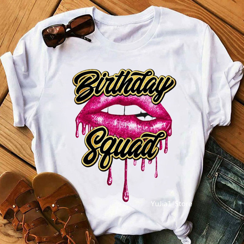 Birthday Squad/Queen Graphic Print Women&#39;S T-Shirt Sexy Glitter Lips Tshirt Femme Summer Fashion Tops Tee Shirt Female Wholesale