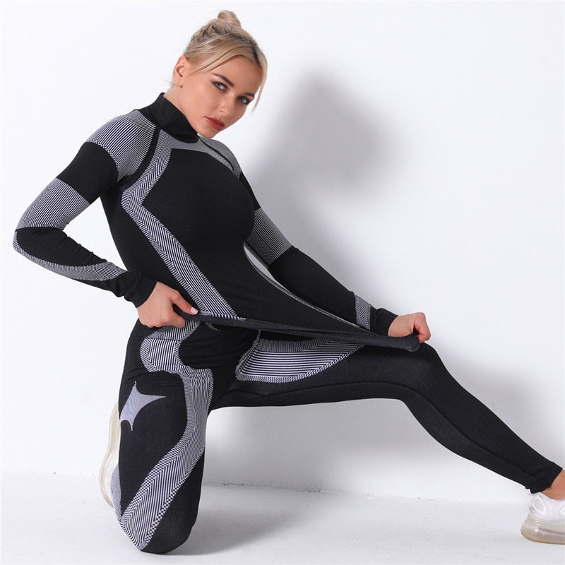 2pcs/set Women Sports Suit Yoga Set Gym Turtleneck Clothes Long Sleeve Fitness Crop Top + Striped Knitted Seamless Leggings New