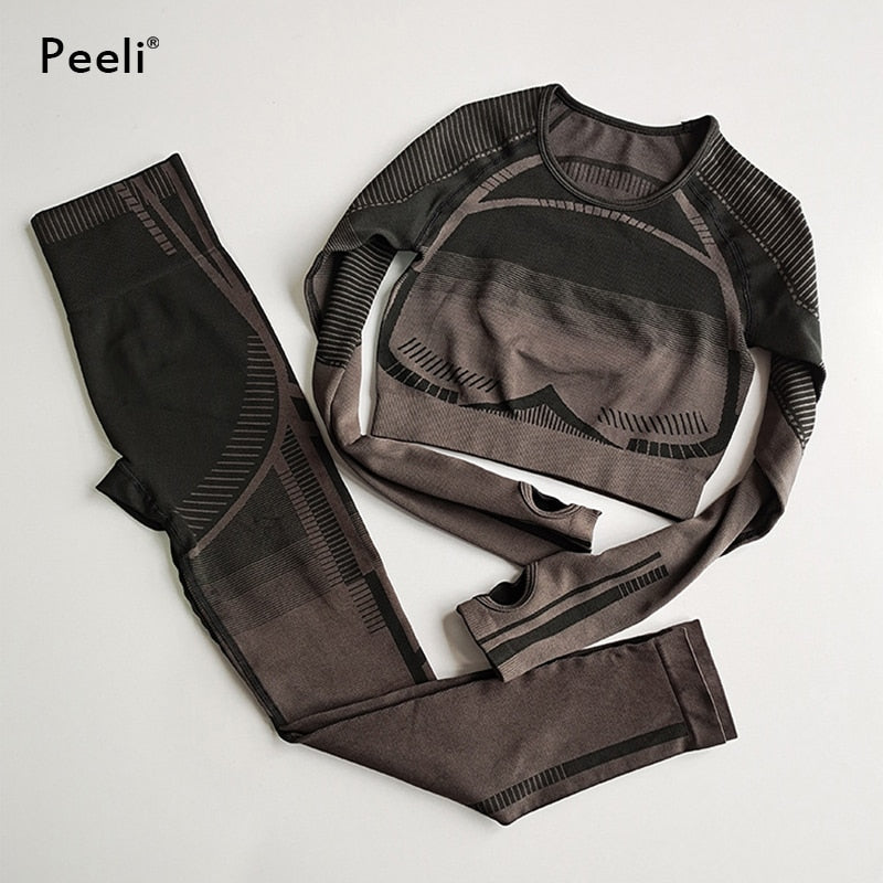 Peeli 2 PC Sports Set Seo Seamless Yoga Set Sport Suit for Women Long Sleeve Gym Crop Top High Waist Leggings Fitness Gym Suit