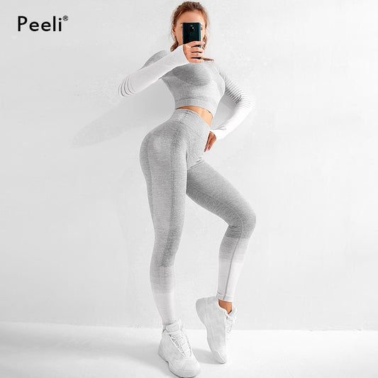 Peeli Long Sleeve Gym Set Cropped Top Seamless Leggings Yoga Set Workout Clothes Women Sport Suit Sportswear Running Tracksuit