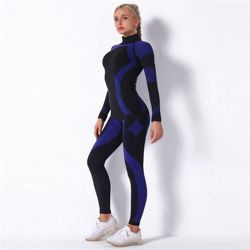 2pcs/set Women Sports Suit Yoga Set Gym Turtleneck Clothes Long Sleeve Fitness Crop Top + Striped Knitted Seamless Leggings New