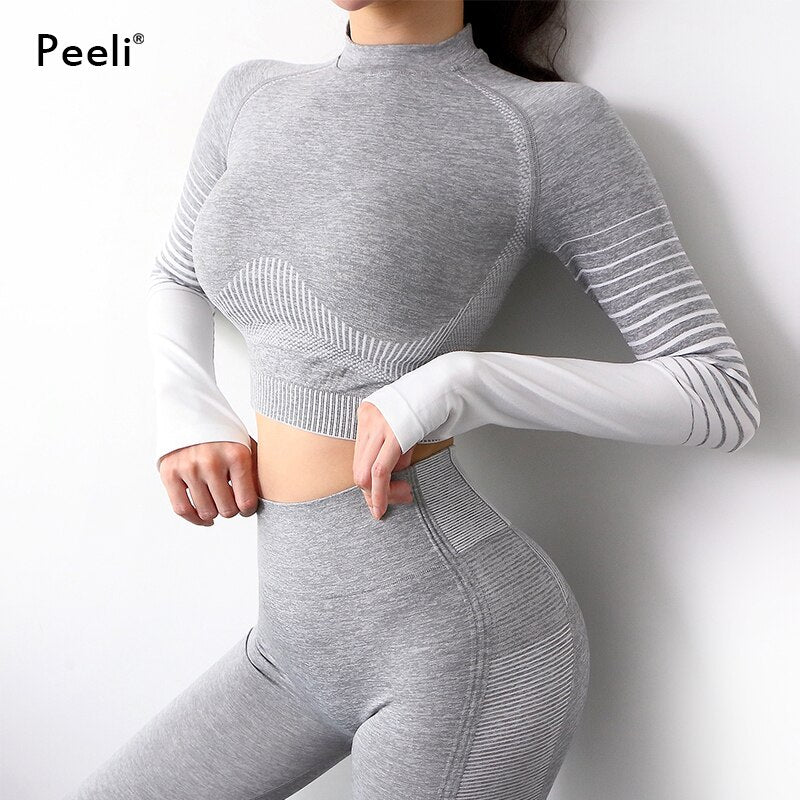 Peeli Long Sleeve Gym Set Cropped Top Seamless Leggings Yoga Set Workout Clothes Women Sport Suit Sportswear Running Tracksuit