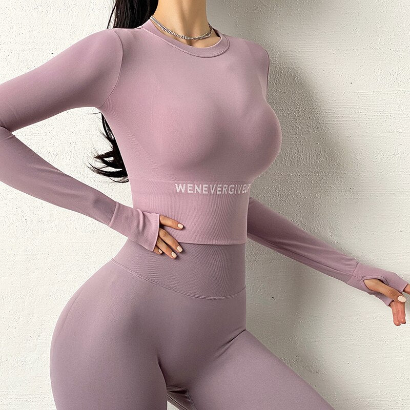 Autumn Seamless Yoga Shirts Women Elastic Thumb Hole Fitness Running Long Sleeve Sports T Shirts Gym Workout Tight Crop Top