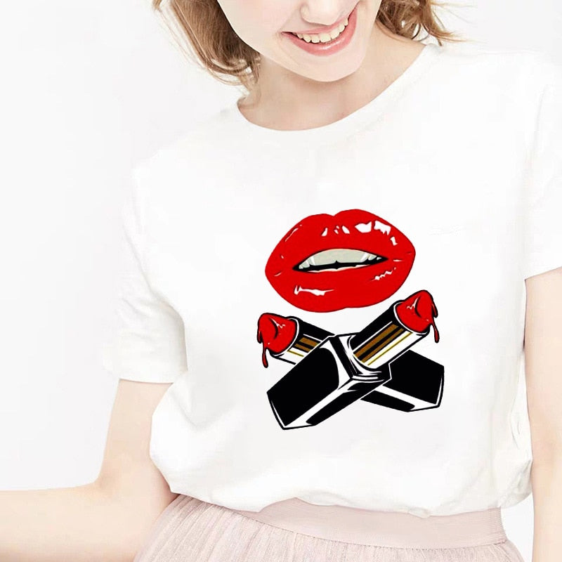 camiseta tee shirts female T-shirt koszulki damskie Harajuku Tshirt Lip Lipstick Tops Tee Women&#39;s Summer T Shirt Shirt Feminina