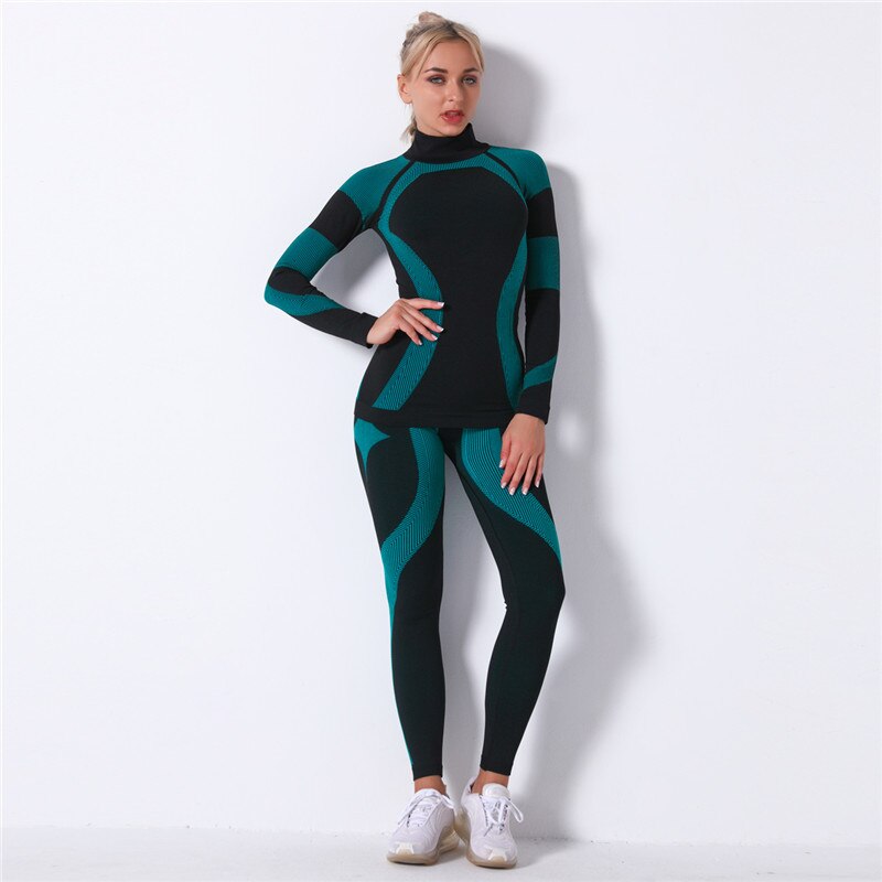 2pcs/set Women Sports Suit Yoga Set Gym Turtleneck Clothes Long Sleeve Fitness Crop Top + Striped Knitted Seamless Leggings New