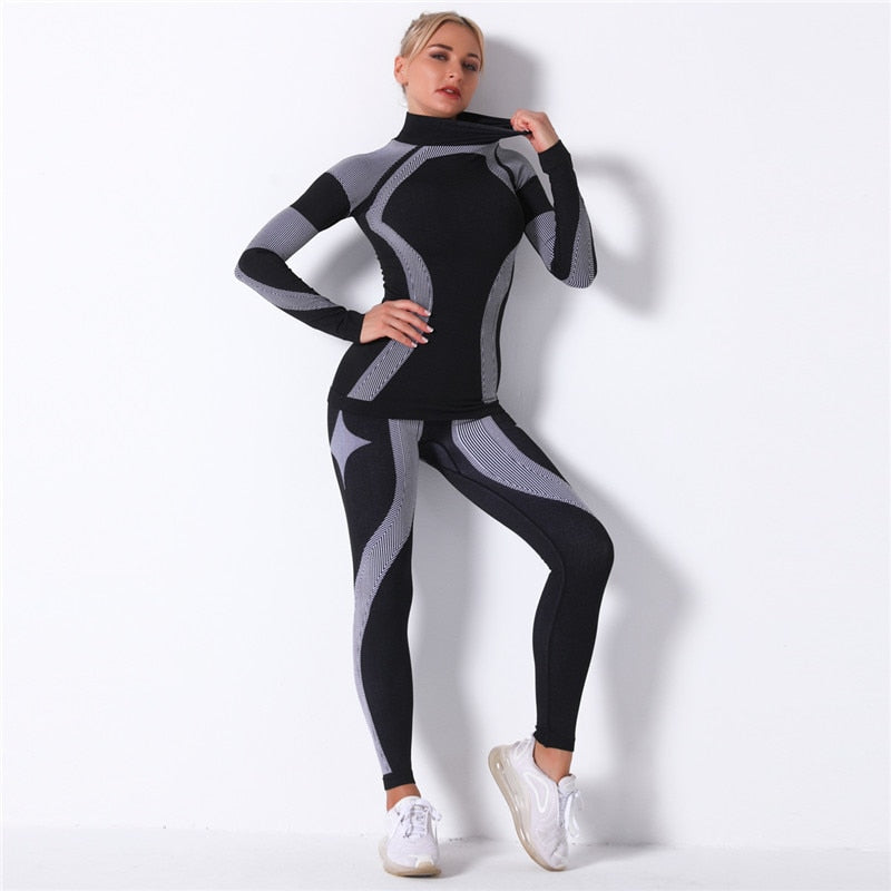 2pcs/set Women Sports Suit Yoga Set Gym Turtleneck Clothes Long Sleeve Fitness Crop Top + Striped Knitted Seamless Leggings New