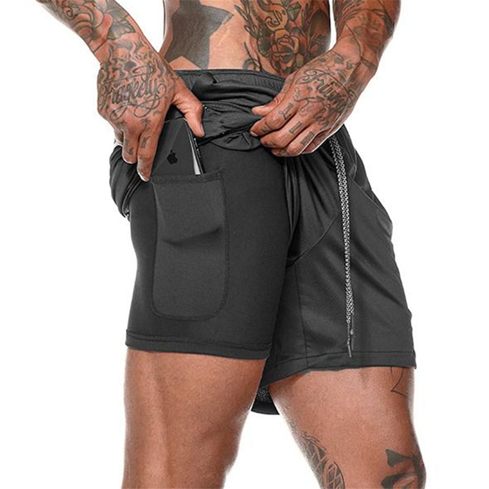 Men 2 in 1 Running Shorts Jogging Gym Fitness Training Quick Dry Beach Short Pants Male Summer Sports Workout Bottoms Bermuda