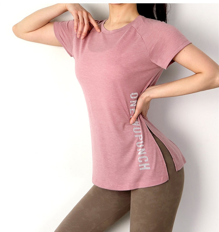 Loose Fit O-neck Yoga T-shirt Women Quick Dry Fitness Tops Workout Tee Running Dance Short-sleeved Gym Sport Shirts