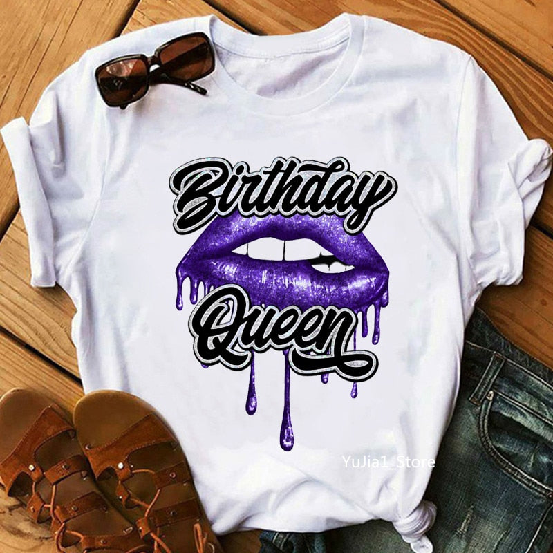 Birthday Squad/Queen Graphic Print Women&#39;S T-Shirt Sexy Glitter Lips Tshirt Femme Summer Fashion Tops Tee Shirt Female Wholesale