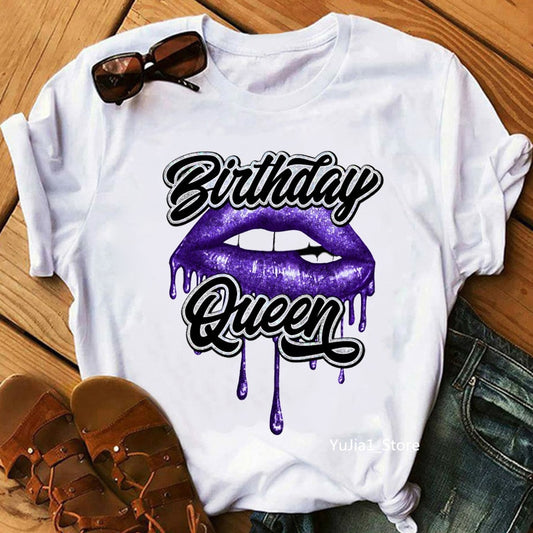 Birthday Squad/Queen Graphic Print Women'S T-Shirt Sexy Glitter Lips Tshirt Femme Summer Fashion Tops Tee Shirt Female Wholesale
