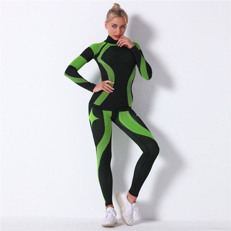 2pcs/set Women Sports Suit Yoga Set Gym Turtleneck Clothes Long Sleeve Fitness Crop Top + Striped Knitted Seamless Leggings New