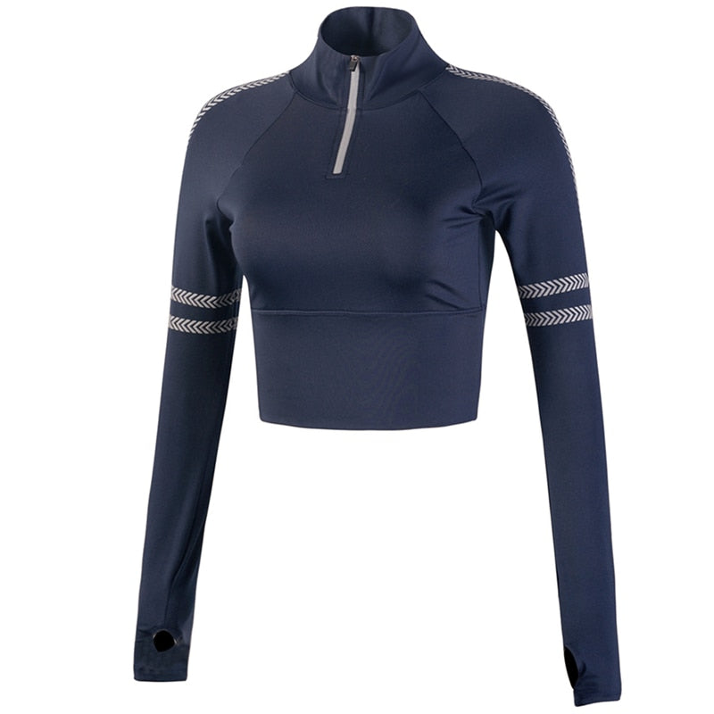 Half Zipper Gym Crop Tops Women Cycling Running Reflective Long Sleeve Sports Sweater Fitness Yoga Tops Thumb Holes Sportswear