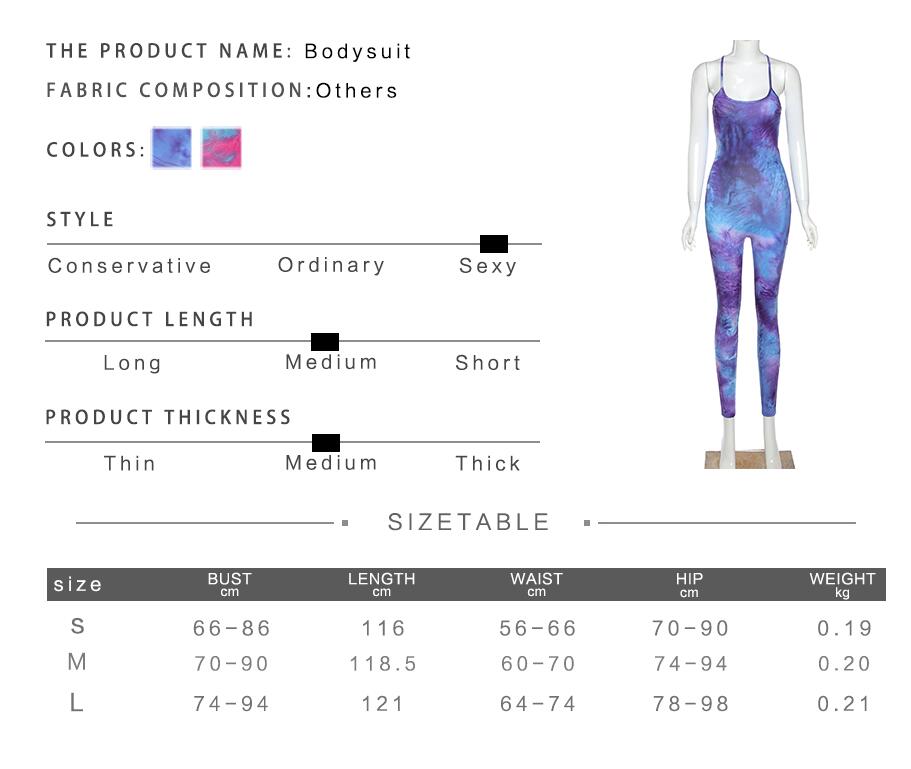 Tie Dye Print Women Jumpsuits Active Wear Sleeveless Low-Neck Blackless Stretchy Workout Casual Fashion Fitness Bodycon Jumpsuit