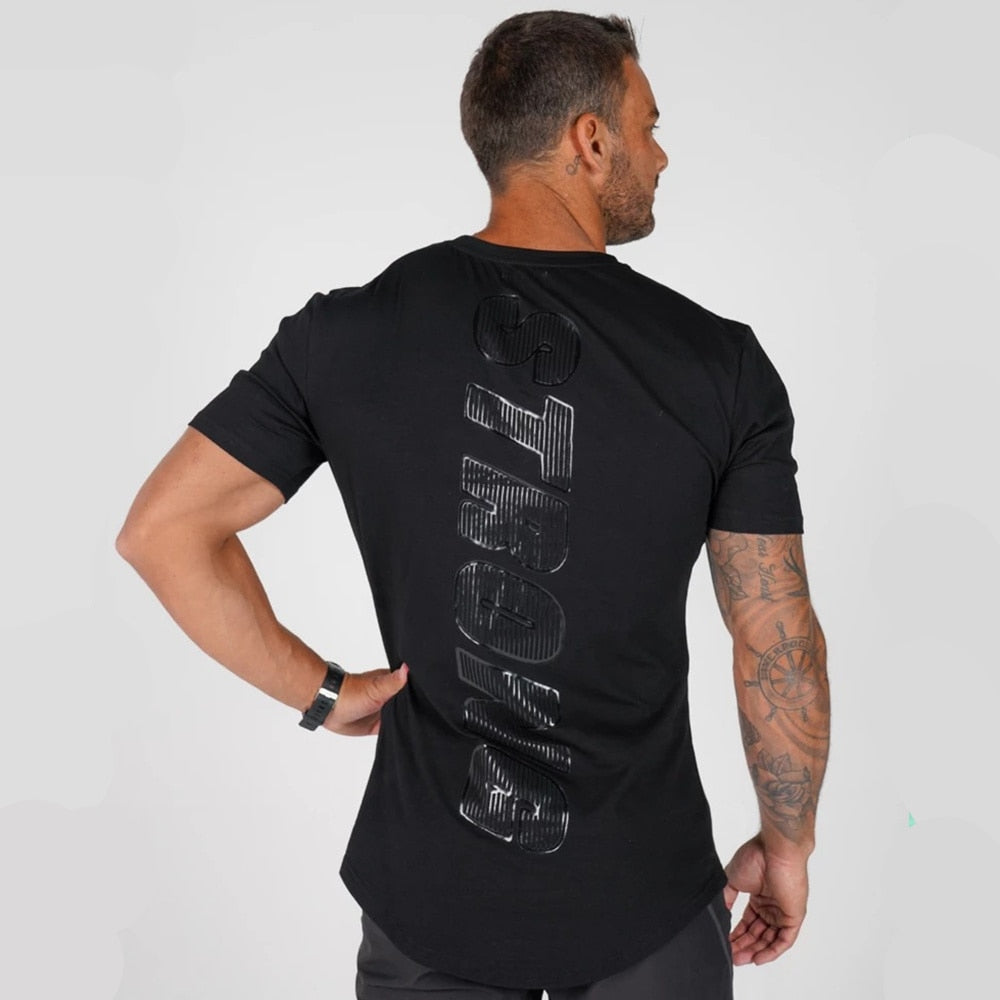 Black Casual T-shirt Men Print Short sleeve t shirt Summer Gyms Fitness Workout Cotton Tee shirt Male Brand Tees Tops Clothes