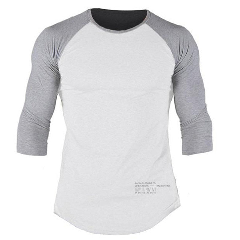 Men Gym Fitness T-shirt Cotton Shawl sleeve shirts Bodybuilding Slim Fit Workout Patchwork Casual Skinny Tee Tops Male Clothing