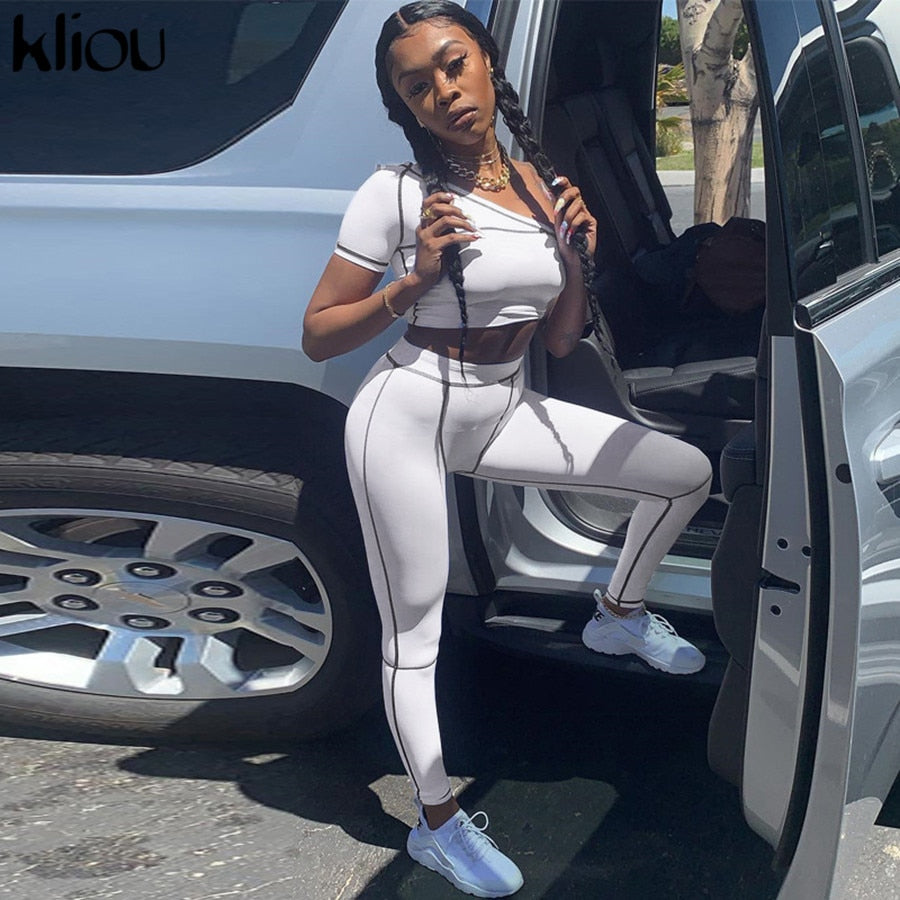 Kliou tracksuit women 2 piece set women one-shoulder crop top high waist pants summer fashion streetwear sportswear outfit