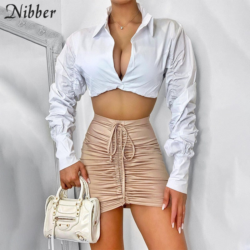 Nibber Basic Puff Sleeve Crop Tops  Women&#39;s Clothing Sexy Deep V-neck  Tee Shirt Trend Clubwear Street Casual T shirts Female