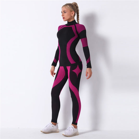 2pcs/set Women Sports Suit Yoga Set Gym Turtleneck Clothes Long Sleeve Fitness Crop Top + Striped Knitted Seamless Leggings New