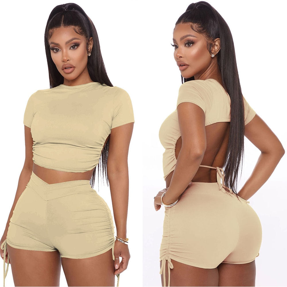 Women Summer Solid Open Back Crop Top Stacked Shorts Jogger Pnats Suit Two Piece Set Sport Matching Set Outfit Fitness Tracksuit