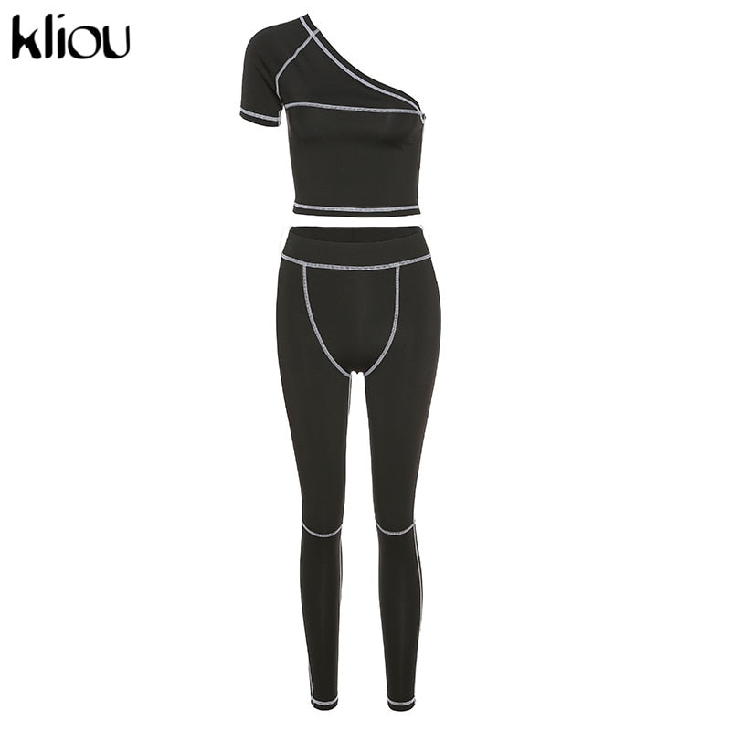 Kliou tracksuit women 2 piece set women one-shoulder crop top high waist pants summer fashion streetwear sportswear outfit