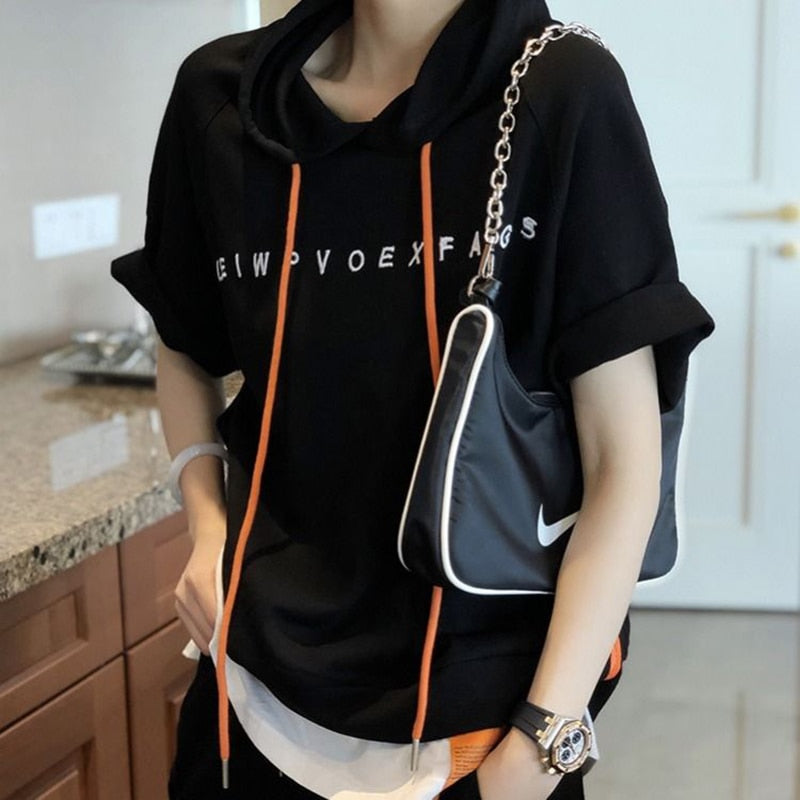 Summer Fashion Women Short Sleeve Loose T-shirt All-matched Casual Hooded Tee Shirt Femme Letter Print Tops 100% Cotton S823