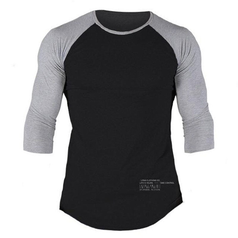 Men Gym Fitness T-shirt Cotton Shawl sleeve shirts Bodybuilding Slim Fit Workout Patchwork Casual Skinny Tee Tops Male Clothing