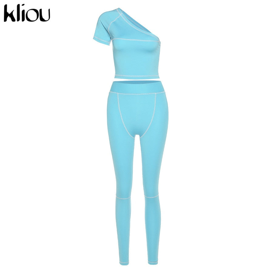 Kliou tracksuit women 2 piece set women one-shoulder crop top high waist pants summer fashion streetwear sportswear outfit