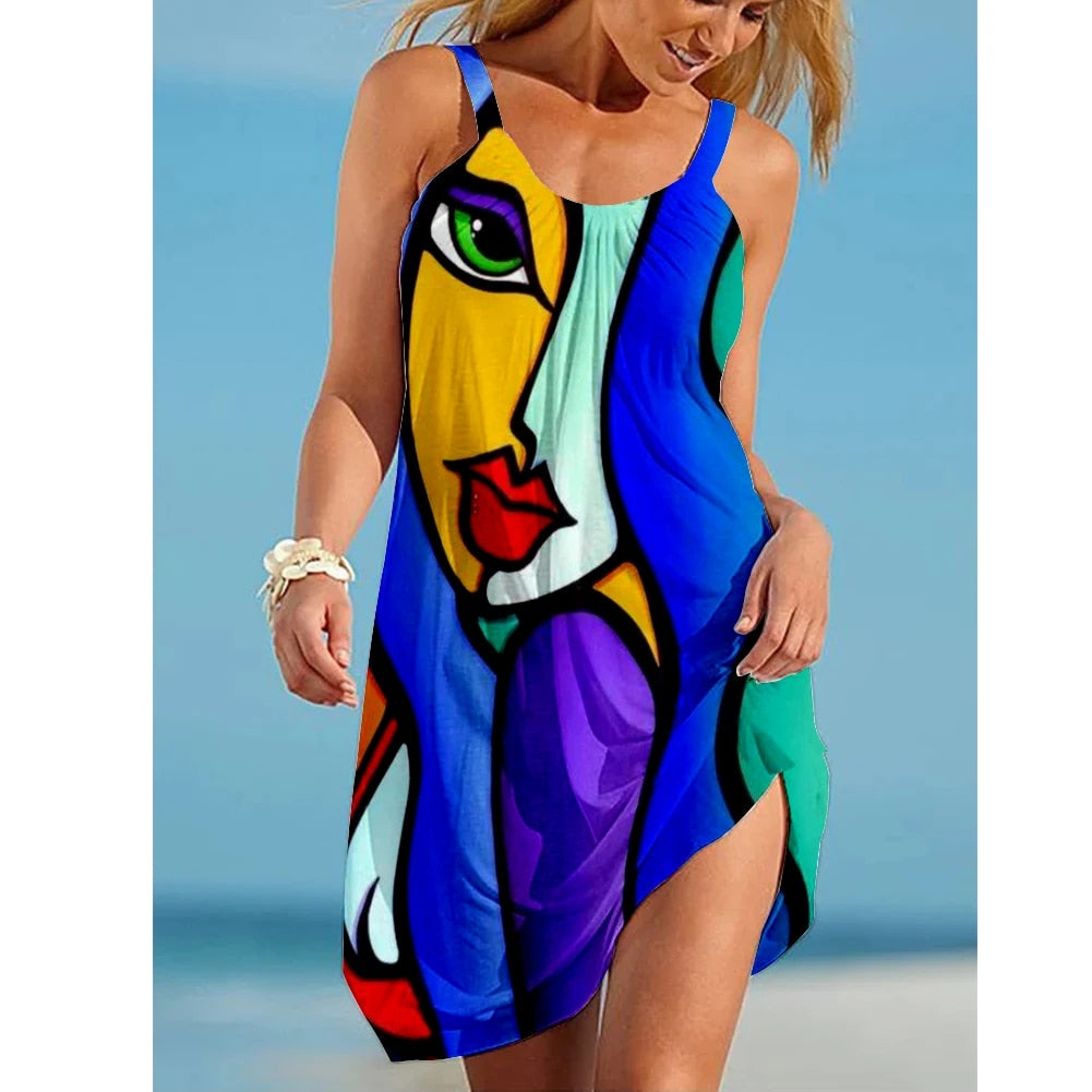 Summer Sexy Beach Dress Portrait Painting 3D Print Vintage Women Dresses Streetwear Boho Female O-Neck Sling Midi Party Dresses