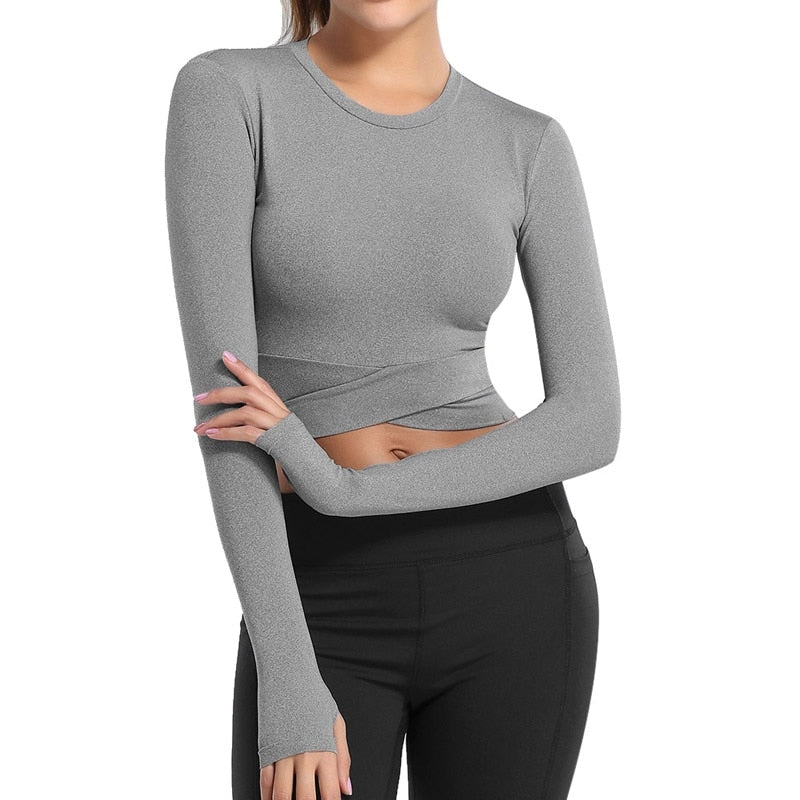 Sexy Women Long Sleeve Running TShirts Outdoor Exposed Navel T-shirts Quick Dry Fitness Gym Crop Tops Solid Sports Shirts