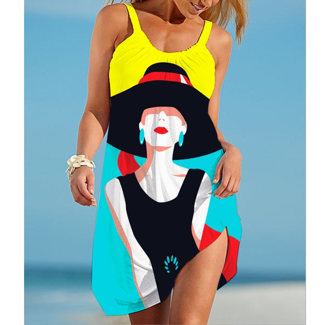 Summer Sexy Beach Dress Portrait Painting 3D Print Vintage Women Dresses Streetwear Boho Female O-Neck Sling Midi Party Dresses