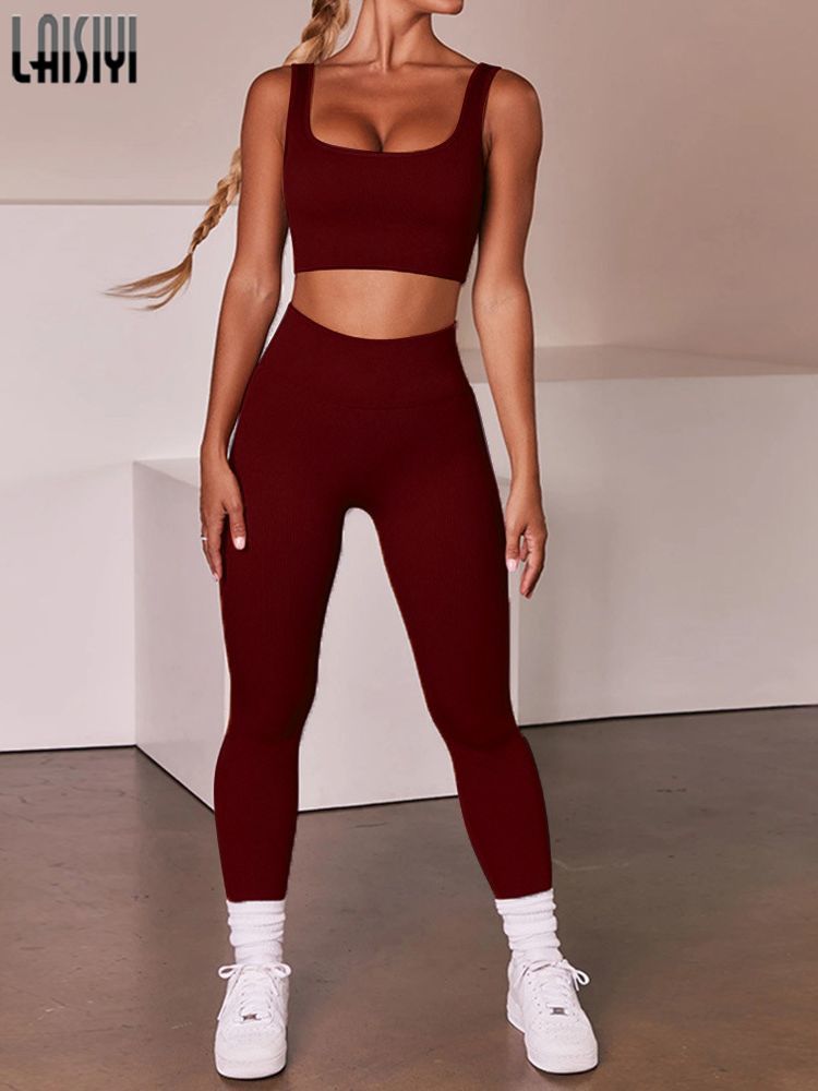 2PCS Set Summer Women Knitted Suits Seamless Gym Workout Sports Bra Elastic Waist Leggings Casual Suit Tracksuit Fitness Outfits