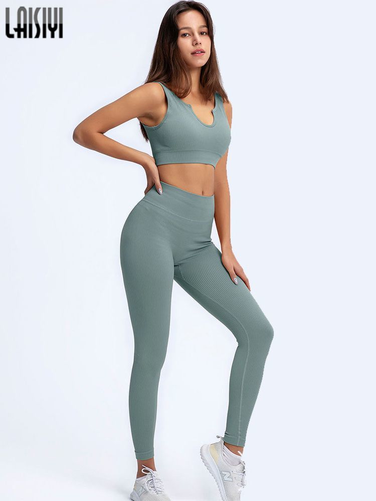 2PCS Set Summer Women Knitted Suits Seamless Gym Workout Sports Bra Elastic Waist Leggings Casual Suit Tracksuit Fitness Outfits